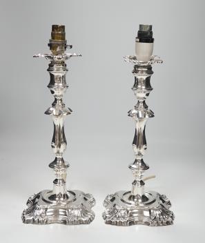 A pair of late Victorian silver candlesticks, now drilled for electricity, William Hutton & Sons, London, 188, 30.7cm excl. fittings, weighted.